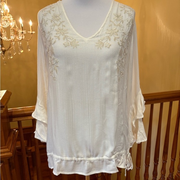 Romantic Coquette Embroidered Floral Ivory Long-Sleeve w/Ruffled Hem Blouse - Picture 1 of 9